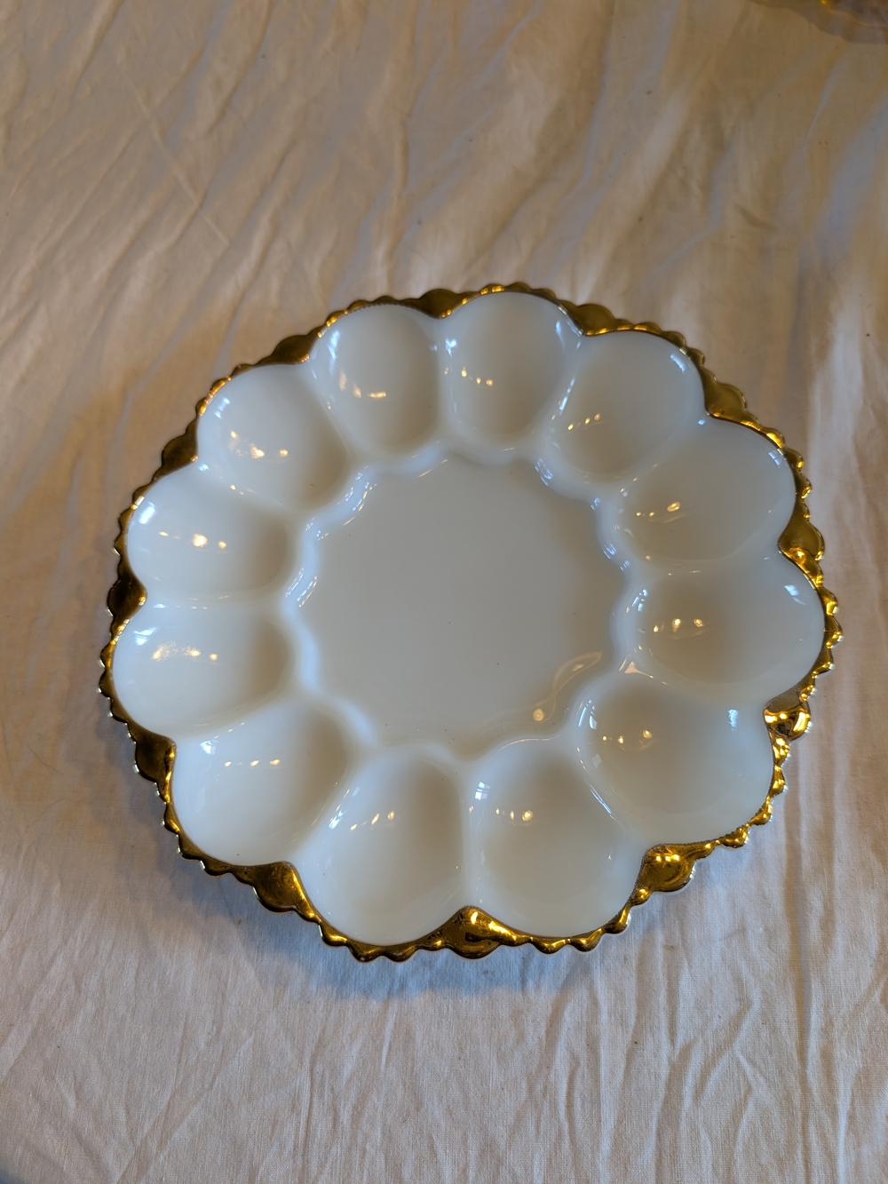 2/40$ Anchor Hocking White and Gold Scalloped Egg Serving Platter